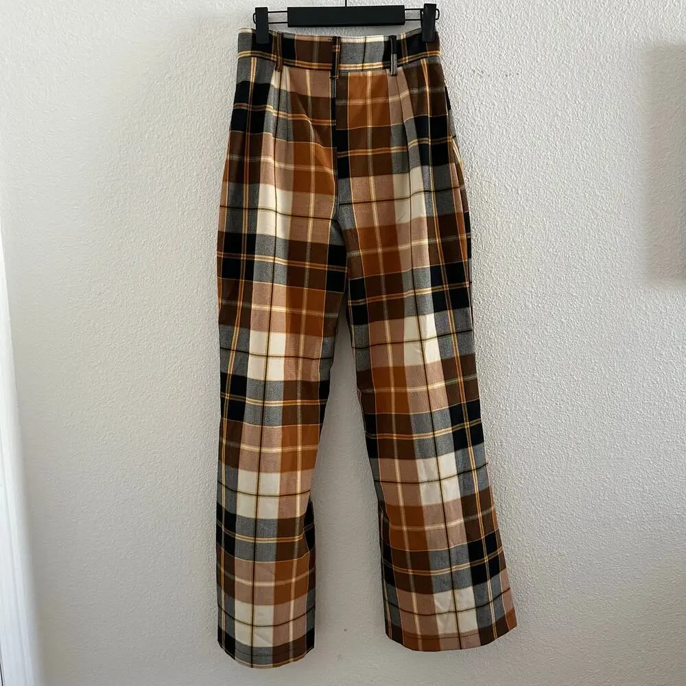 Free People Plaid High Waist Jules Retro Flare Pants Brown Combo Size 4